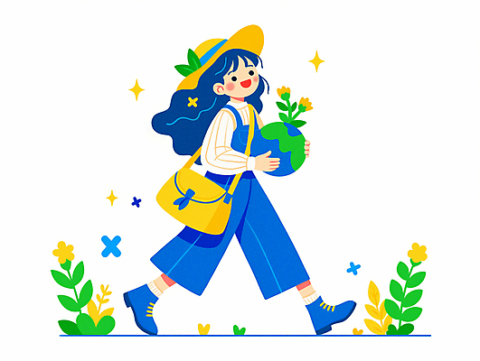 JPG 전신 모자 여자 꽃 지구 어린이 가방 일러스트 한명 미소 들기 소녀 파란색 반짝임 걷기 자연보호 그린캠페인 풀잎 식목일 소녀한명만 국내일러스트 AI일러스트 AI콘텐츠 식물 1 잡화 기념일 캠페인 컬러 잎 모션 자연 표정 사람 풀_식물 보호 여자한명만 소녀만 파일형식