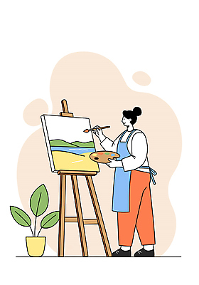 전신 PSD 식물 여학생 여자 화분 대학생 일러스트 한명 서기 미소 성인 주황색 앞치마 물감 붓 그리기 팔레트 신학기 캔버스 성인여자한명만 국내일러스트 1 학생 컬러 모션 표정 사람 미술도구 여자한명만 성인여자만 파일형식