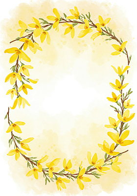 JPG 일러스트 수채화 프레임 사람없음 노란색 봄 나뭇가지 풀잎 개나리 번짐 카피스페이스 국내일러스트 AI일러스트 AI콘텐츠 나무 계절 꽃 컬러 잎 공백 풀_식물 파일형식 효과