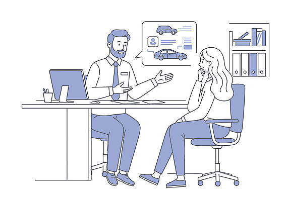 전신 여자 남자 일러스트 자동차 설명 미소 앉기 정장 성인 두명 책 파란색 손들기 모니터 턱괴기 직장인 책상 문서 바퀴의자 자동차보험 성인만 국내일러스트 AI파일 직업 옷 육상교통 컬러 가구 의자 모션 표정 사람 컴퓨터 보험 파일형식 벡터