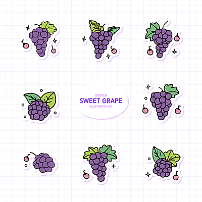 스티커 일러스트 사람없음 반짝임 세트 보라색 포도알 엘리먼트 포도잎 국내일러스트 AI파일 컬러 잎 모션 포도 파일형식 벡터