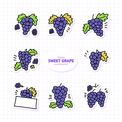 스티커 일러스트 사람없음 세트 보라색 포도알 엘리먼트 포도잎 국내일러스트 AI파일 컬러 잎 포도 파일형식 벡터