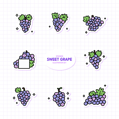 스티커 일러스트 사람없음 반짝임 세트 보라색 포도알 엘리먼트 포도잎 국내일러스트 AI파일 컬러 잎 모션 포도 파일형식 벡터
