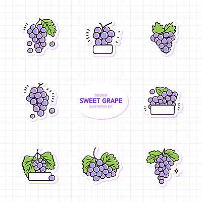 스티커 일러스트 사람없음 반짝임 세트 보라색 포도알 엘리먼트 포도잎 국내일러스트 AI파일 컬러 잎 모션 포도 파일형식 벡터
