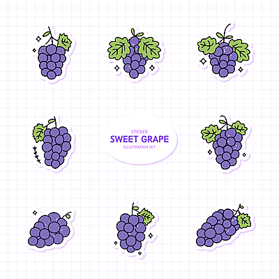스티커 일러스트 사람없음 반짝임 세트 보라색 포도알 엘리먼트 포도잎 국내일러스트 AI파일 컬러 잎 모션 포도 파일형식 벡터