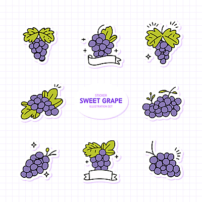 스티커 일러스트 사람없음 반짝임 세트 보라색 포도알 엘리먼트 포도잎 국내일러스트 AI파일 컬러 잎 모션 포도 파일형식 벡터