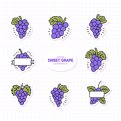 스티커 일러스트 사람없음 세트 보라색 포도알 엘리먼트 포도잎 국내일러스트 AI파일 컬러 잎 포도 파일형식 벡터