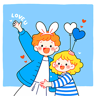 여자 행복 어린이 일러스트 가족 포옹 사랑 미소 소녀 상반신 성인 두명 파란색 손들기 어린이날 토끼머리띠 가정의달 하트풍선 여자만 일러캐릭터 AI파일 캐릭터 기념일 감정 컬러 관계 안기 모션 표정 사람 하트 머리띠 5월 풍선 파일형식 벡터