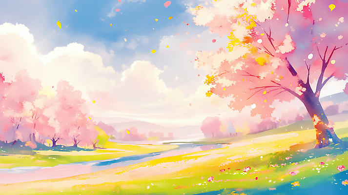 JPG 구름 꽃잎 분홍색 일러스트 자연 하늘 수채화 잔디 초원 사람없음 햇빛 봄풍경 개울 벚나무 화사함 감성 흩날리기 국내일러스트 AI일러스트 AI콘텐츠 자연요소 나무 식물 꽃 컬러 컨셉 모션 풍경 강 태양 봄 벚꽃 생태계 파일형식
