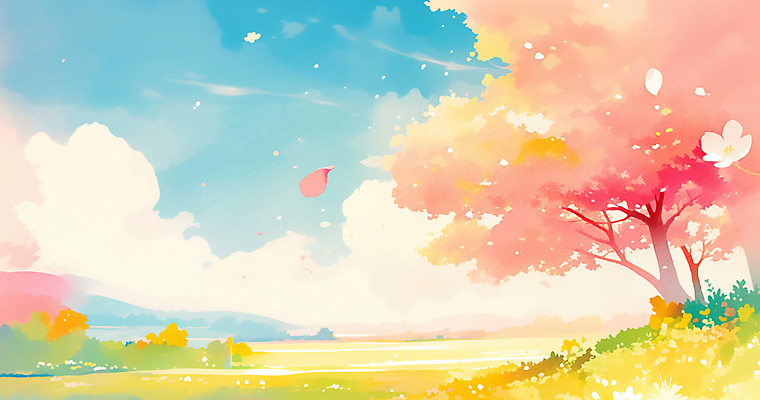 JPG 구름 꽃잎 분홍색 하늘색 일러스트 자연 하늘 수채화 잔디 초원 사람없음 햇빛 봄풍경 벚나무 화사함 감성 흩날리기 국내일러스트 AI일러스트 AI콘텐츠 자연요소 나무 식물 꽃 컬러 컨셉 모션 풍경 파란색 태양 봄 벚꽃 생태계 파일형식