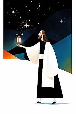 JPG 전신 남자 기독교 일러스트 밤하늘 한명 들기 성인 빛 반짝임 평화 걷기 눈감음 고요 등불 예수 성인남자한명만 국내일러스트 AI일러스트 AI콘텐츠 1 종교 컨셉 모션 하늘 조명 사람 신_종교 야간 남자한명만 성인남자만 파일형식