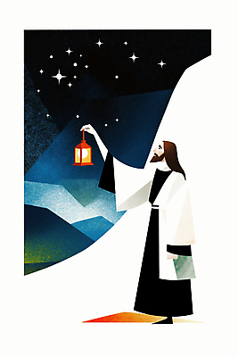 JPG 전신 남자 기독교 일러스트 밤하늘 한명 들기 성인 빛 반짝임 평화 고요 등불 예수 성인남자한명만 산맥 국내일러스트 AI일러스트 AI콘텐츠 1 종교 컨셉 모션 하늘 조명 산 사람 신_종교 야간 남자한명만 성인남자만 파일형식