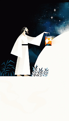 JPG 전신 남자 기독교 잎 일러스트 밤하늘 한명 들기 성인 빛 반짝임 평화 고요 등불 예수 성인남자한명만 국내일러스트 AI일러스트 AI콘텐츠 식물 1 종교 컨셉 모션 하늘 조명 사람 신_종교 야간 남자한명만 성인남자만 파일형식