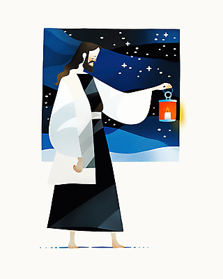 JPG 전신 남자 기독교 일러스트 밤하늘 한명 들기 성인 빛 반짝임 평화 걷기 눈감음 고요 등불 예수 성인남자한명만 국내일러스트 AI일러스트 AI콘텐츠 1 종교 컨셉 모션 하늘 조명 사람 신_종교 야간 남자한명만 성인남자만 파일형식