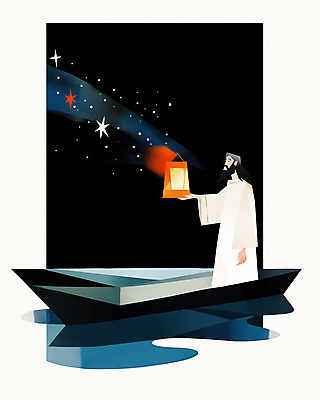 JPG 전신 남자 기독교 일러스트 밤하늘 한명 들기 성인 빛 반짝임 강 평화 고요 등불 예수 승차 조각배 성인남자한명만 국내일러스트 AI일러스트 AI콘텐츠 1 종교 컨셉 배_교통 모션 하늘 조명 사람 신_종교 야간 남자한명만 성인남자만 파일형식