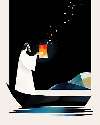 JPG 전신 남자 기독교 일러스트 밤하늘 한명 들기 성인 빛 반짝임 강 평화 고요 등불 예수 승차 조각배 성인남자한명만 국내일러스트 AI일러스트 AI콘텐츠 1 종교 컨셉 배_교통 모션 하늘 조명 사람 신_종교 야간 남자한명만 성인남자만 파일형식