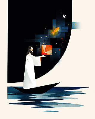 JPG 전신 남자 기독교 일러스트 밤하늘 어류 한명 성인 빛 강 손들기 평화 고요 등불 예수 승차 조각배 성인남자한명만 국내일러스트 AI일러스트 AI콘텐츠 1 종교 컨셉 배_교통 모션 하늘 조명 사람 수중동물 신_종교 야간 남자한명만 성인남자만 파일형식