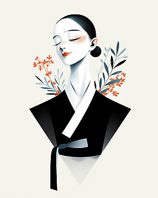 JPG 한국전통 디자인 여자 패션 예술 잎 일러스트 추상 한명 미소 상반신 성인 모던 여자한복 성인여자한명만 국내일러스트 AI일러스트 AI콘텐츠 식물 1 전통 무늬 한국 표정 사람 한복 여자한명만 성인여자만 파일형식