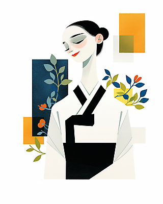 JPG 도형 한국전통 디자인 여자 패션 예술 잎 일러스트 추상 한명 미소 상반신 성인 모던 여자한복 성인여자한명만 국내일러스트 AI일러스트 AI콘텐츠 식물 1 전통 무늬 한국 표정 사람 한복 여자한명만 성인여자만 파일형식