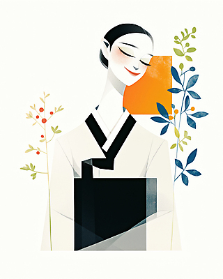 JPG 한국전통 디자인 여자 패션 예술 잎 일러스트 추상 한명 미소 상반신 성인 모던 여자한복 성인여자한명만 국내일러스트 AI일러스트 AI콘텐츠 식물 1 전통 무늬 한국 표정 사람 한복 여자한명만 성인여자만 파일형식