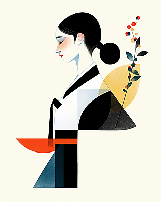 JPG 한국전통 디자인 여자 패션 예술 잎 일러스트 추상 한명 미소 상반신 성인 모던 여자한복 성인여자한명만 국내일러스트 AI일러스트 AI콘텐츠 식물 1 전통 무늬 한국 표정 사람 한복 여자한명만 성인여자만 파일형식