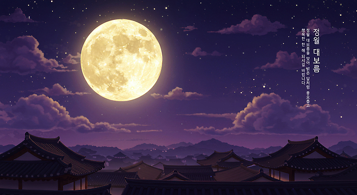 PSD 구름 편집이미지 새해 한옥 사람없음 보라색 보름달 달 야간 디지털합성 소원 정월대보름 이미지편집 자연요소 한국전통 명절 컬러 고건축 파일형식