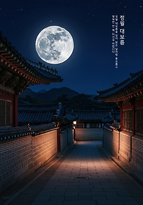 PSD 편집이미지 새해 산 한옥 기와집 사람없음 빛 보름달 달 야간 디지털합성 소원 정월대보름 이미지편집 자연요소 한국전통 명절 고건축 파일형식