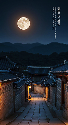 PSD 편집이미지 새해 산 한옥 기와집 사람없음 빛 보름달 달 야간 디지털합성 소원 정월대보름 이미지편집 자연요소 한국전통 명절 고건축 파일형식