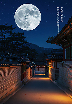 PSD 편집이미지 새해 산 한옥 기와집 사람없음 빛 보름달 달 야간 디지털합성 소원 정월대보름 이미지편집 자연요소 한국전통 명절 고건축 파일형식