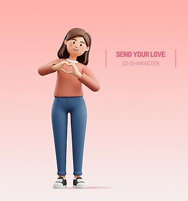 전신 PSD 편집이미지 여자 분홍색 3D캐릭터 사랑 한명 서기 성인 3D 손하트 성인여자한명만 편집3D 캐릭터 1 감정 컬러 모션 사람 손짓 디지털합성 여자한명만 성인여자만 파일형식