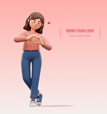 전신 PSD 편집이미지 여자 분홍색 3D캐릭터 사랑 한명 서기 성인 3D 하트 손하트 성인여자한명만 편집3D 모양 캐릭터 1 감정 컬러 모션 사람 손짓 디지털합성 여자한명만 성인여자만 파일형식