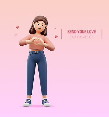 전신 PSD 편집이미지 여자 분홍색 3D캐릭터 사랑 한명 서기 성인 3D 하트 손하트 성인여자한명만 편집3D 모양 캐릭터 1 감정 컬러 모션 사람 손짓 디지털합성 여자한명만 성인여자만 파일형식