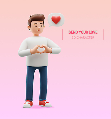 전신 PSD 편집이미지 남자 분홍색 말풍선 3D캐릭터 사랑 한명 서기 성인 3D 하트 손하트 성인남자한명만 편집3D 모양 캐릭터 1 감정 컬러 모션 사람 손짓 디지털합성 남자한명만 성인남자만 파일형식