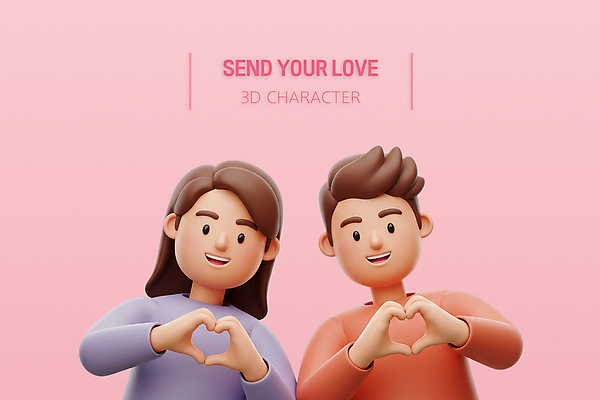 PSD 편집이미지 커플 여자 남자 분홍색 3D캐릭터 사랑 상반신 성인 두명 3D 손하트 성인만 편집3D 캐릭터 감정 컬러 관계 사람 손짓 디지털합성 파일형식