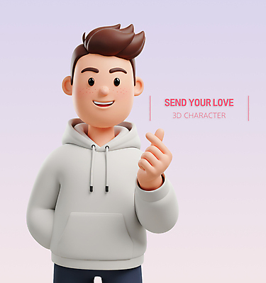 PSD 편집이미지 남자 3D캐릭터 사랑 한명 상반신 성인 3D 연보라색 후드티 손하트 성인남자한명만 편집3D 캐릭터 1 감정 티셔츠 사람 손짓 보라색 디지털합성 남자한명만 성인남자만 파일형식