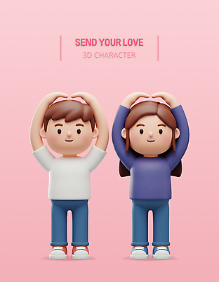 전신 PSD 편집이미지 여자 남자 어린이 분홍색 3D캐릭터 사랑 서기 소녀 소년 두명 3D 손하트 어린이만 편집3D 캐릭터 감정 컬러 모션 사람 손짓 디지털합성 파일형식