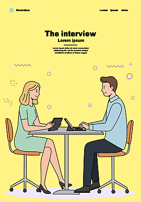 전신 여자 남자 의자 일러스트 비즈니스 회의 앉기 성인 두명 태블릿 노란색 다리꼬기 책상 인터뷰 성인만 국내일러스트 AI파일 컬러 가구 모션 사람 전자제품 스마트기기 파일형식 벡터