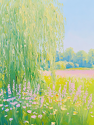 JPG 편집이미지 꽃밭 자연 하늘 붓터치 사람없음 봄풍경 버드나무 그림 질감 캔버스 유화 유화물감 파스텔톤 편집실사 나무 꽃 컬러 미술 풍경 물감 봄 CG 생태계 파일형식