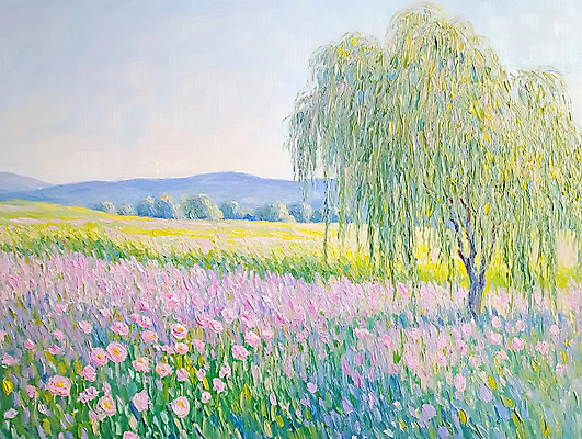 JPG 편집이미지 꽃밭 자연 하늘 붓터치 산 사람없음 봄풍경 버드나무 그림 질감 캔버스 유화 유화물감 파스텔톤 편집실사 나무 꽃 컬러 미술 풍경 물감 봄 CG 생태계 파일형식