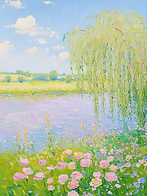 JPG 구름 편집이미지 꽃밭 자연 하늘 붓터치 사람없음 강 봄풍경 버드나무 그림 질감 캔버스 유화 유화물감 파스텔톤 편집실사 자연요소 나무 꽃 컬러 미술 풍경 물감 봄 CG 생태계 파일형식