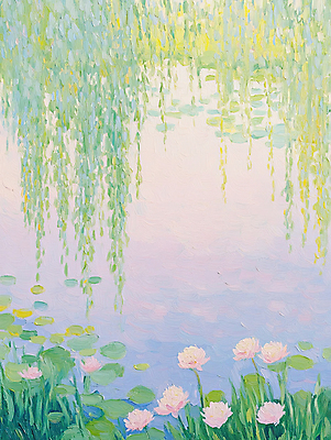 JPG 편집이미지 꽃 자연 붓터치 사람없음 강 봄풍경 버드나무 그림 질감 캔버스 유화 유화물감 파스텔톤 편집실사 나무 식물 컬러 미술 풍경 물감 봄 CG 생태계 파일형식