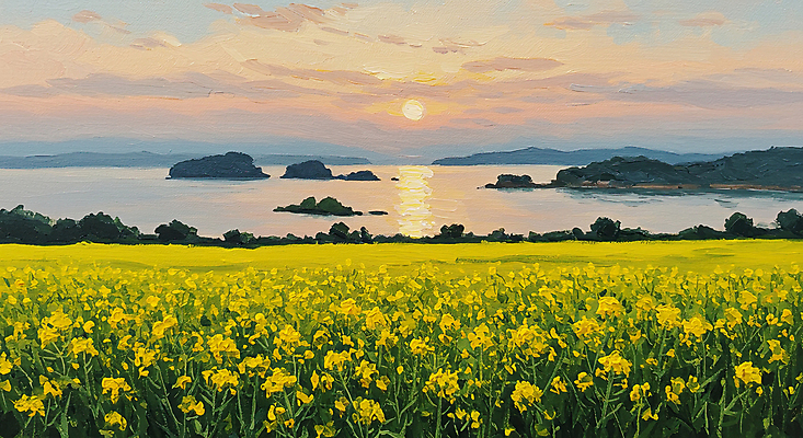 JPG 구름 편집이미지 바다 섬 자연 하늘 사람없음 야외 반사 일몰 봄풍경 그림 질감 유채밭 유화 유화물감 편집실사 자연요소 밭 미술 풍경 노을 물감 봄 CG 유채 생태계 파일형식