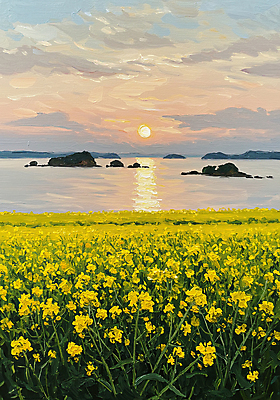 JPG 구름 편집이미지 바다 자연 하늘 사람없음 야외 반사 일몰 봄풍경 그림 질감 유채밭 유화 유화물감 편집실사 자연요소 밭 미술 풍경 노을 물감 봄 CG 유채 생태계 파일형식