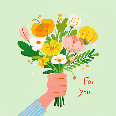 JPG 손 꽃다발 일러스트 봄꽃 선물 들기 신체부위 연두색 심플 부드러움 국내일러스트 AI일러스트 AI콘텐츠 꽃 모션 사람 초록색 봄 감각 파일형식