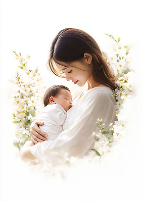 JPG 편집이미지 여자 꽃 행복 잎 가족 안기 엄마 사랑 미소 성인 두명 눈감음 육아 아기 잠 모성애 교감 의료성형뷰티 편집실사 AI인물포토 AI콘텐츠 식물 감정 관계 모션 표정 사람 CG 파일형식 AI포토