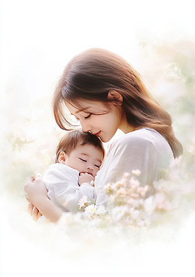 JPG 편집이미지 여자 꽃 행복 잎 가족 안기 엄마 사랑 미소 성인 두명 눈감음 육아 아기 잠 모성애 교감 의료성형뷰티 편집실사 AI인물포토 AI콘텐츠 식물 감정 관계 모션 표정 사람 CG 파일형식 AI포토
