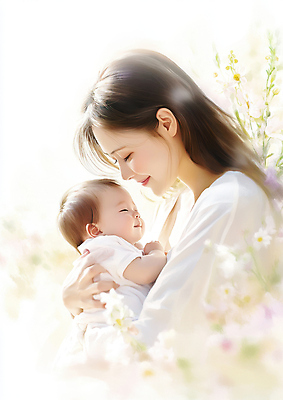 JPG 편집이미지 여자 꽃 행복 잎 가족 안기 엄마 사랑 미소 성인 두명 눈감음 육아 아기 잠 모성애 교감 의료성형뷰티 편집실사 AI인물포토 AI콘텐츠 식물 감정 관계 모션 표정 사람 CG 파일형식 AI포토