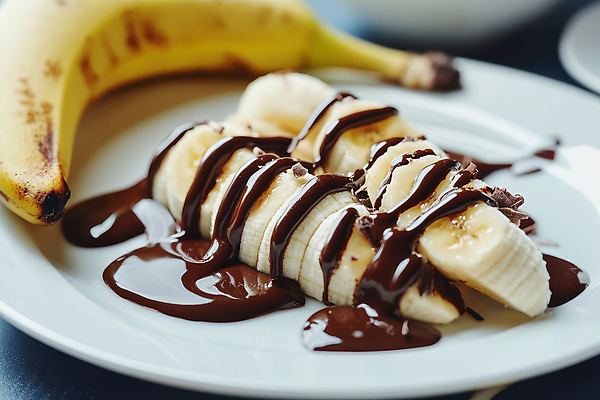 JPG 편집이미지 접시 과일 디저트 바나나 사람없음 초콜릿 달콤 초코시럽 편집실사 AI포토 AI콘텐츠 식기 음식 맛 CG 시럽 파일형식