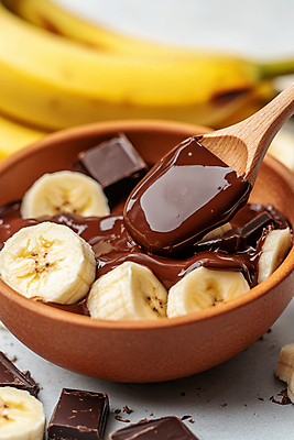 JPG 편집이미지 접시 과일 디저트 바나나 사람없음 초콜릿 숟가락 달콤 편집실사 AI포토 AI콘텐츠 식기 음식 수저 맛 CG 파일형식