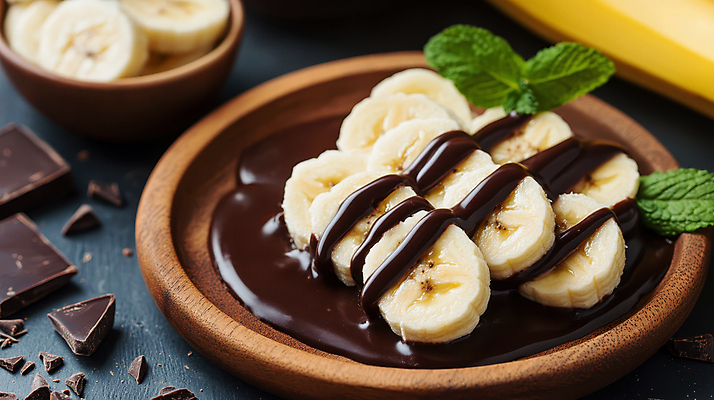 JPG 편집이미지 접시 과일 디저트 바나나 사람없음 초콜릿 달콤 민트 편집실사 AI포토 AI콘텐츠 식기 음식 맛 허브 CG 파일형식